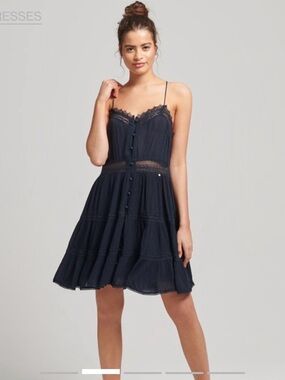 Superdry Alana Lace Trim Cami Tiered Mini Dress Eclipse Navy US 4